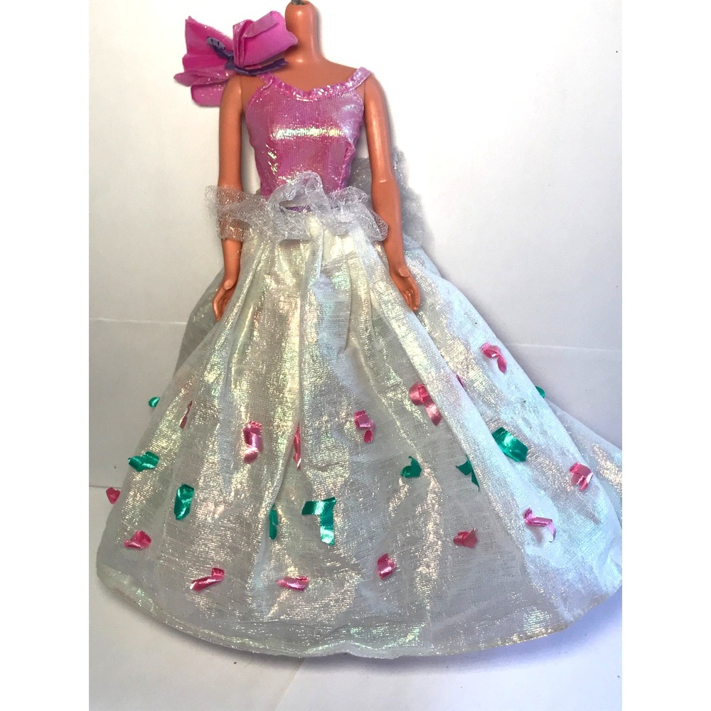 Barbie Doll Clothing 1992 Party Dazzle White Iridescent Gown Green Pink Ribbons
